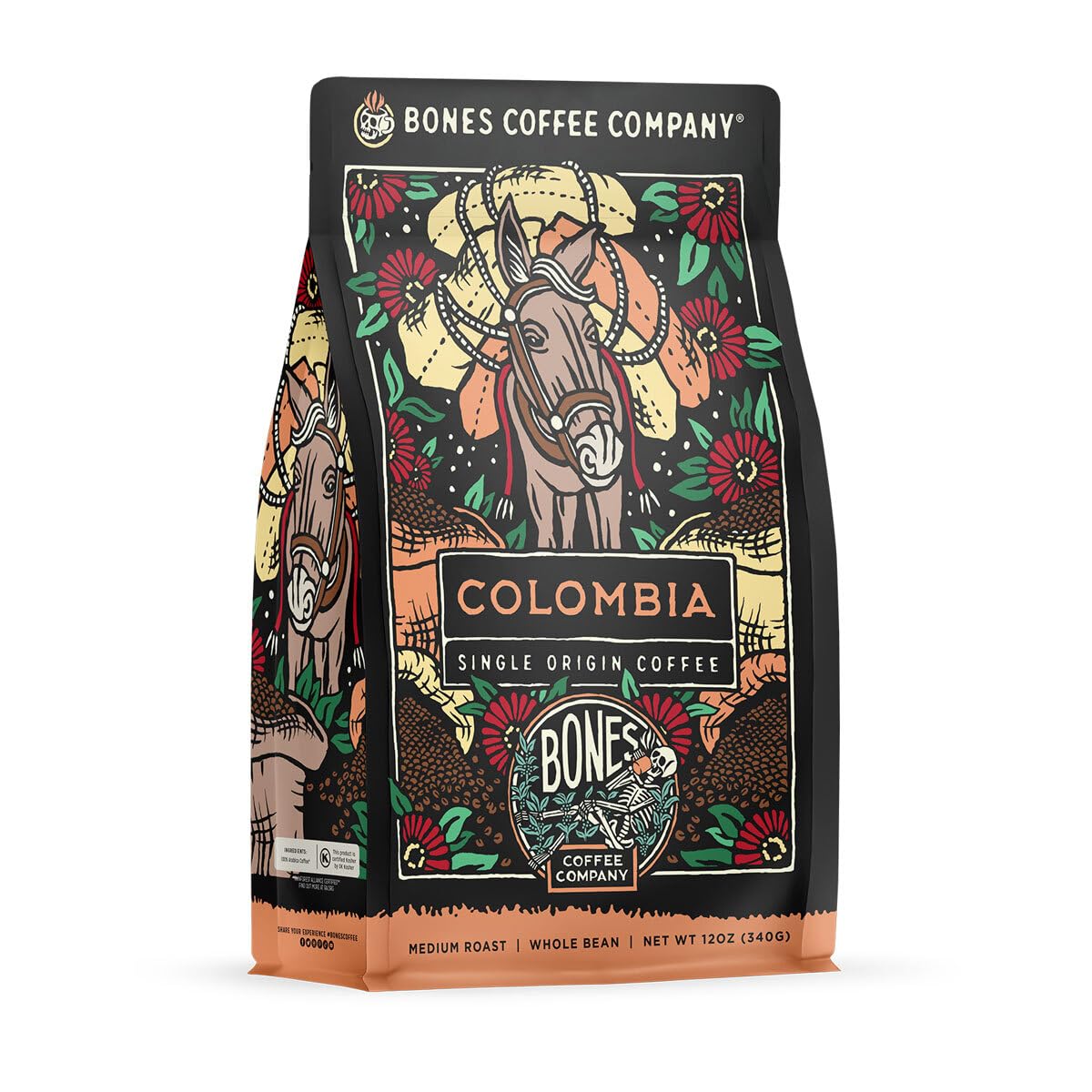 Bones Coffee Company Colombia Single-Origin Coffee, Almonds, Dried Fruit, Vanilla Notes, Flavored Whole Bean Coffee, Medium Roast Low Acid Arabica Beans, 12 oz Whole Bean