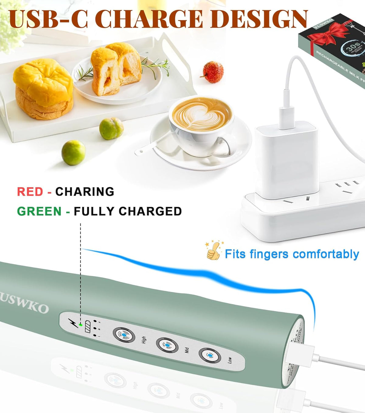 YUSWKO Milk Frother Handheld for Coffee, Rechargeable Drink Mixer with 3 Heads 3 Speeds Electric Coffee Frother Whisk, Gift for Many Occasions and Festival