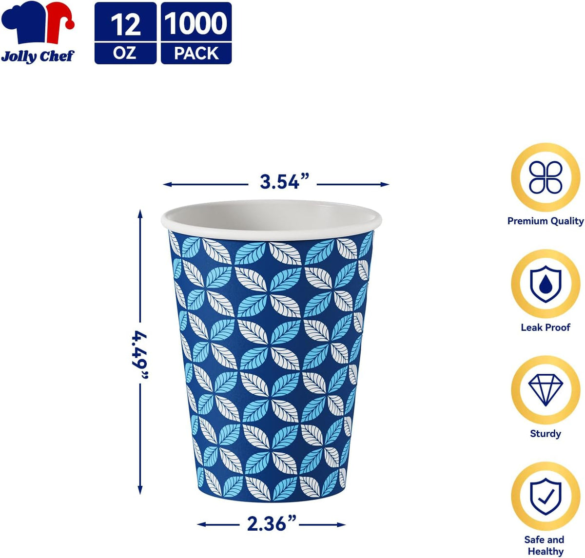 JOLLY CHEF 12 oz 1000 Pack Disposable Coffee Cups, Hot Paper Coffee Cups, Ideal for Home, Office, Cafe, and Outdoor Activities