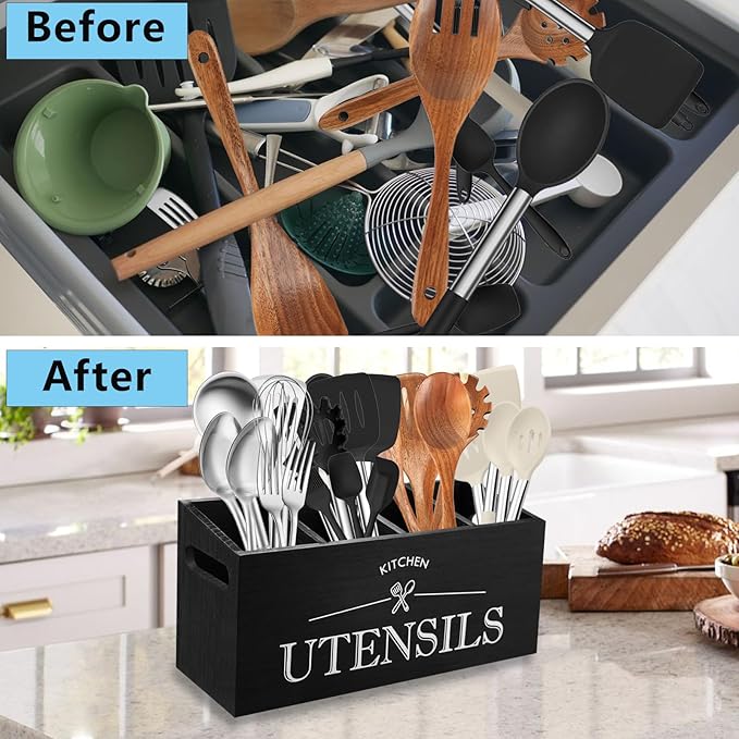 Kitchen Utensil Holder with 4 Compartments, Wooden Utensil Organizer for Countertop, Ideal for Storage and Organization, Rustic Cooking Utensil Kitchen Tool, Black