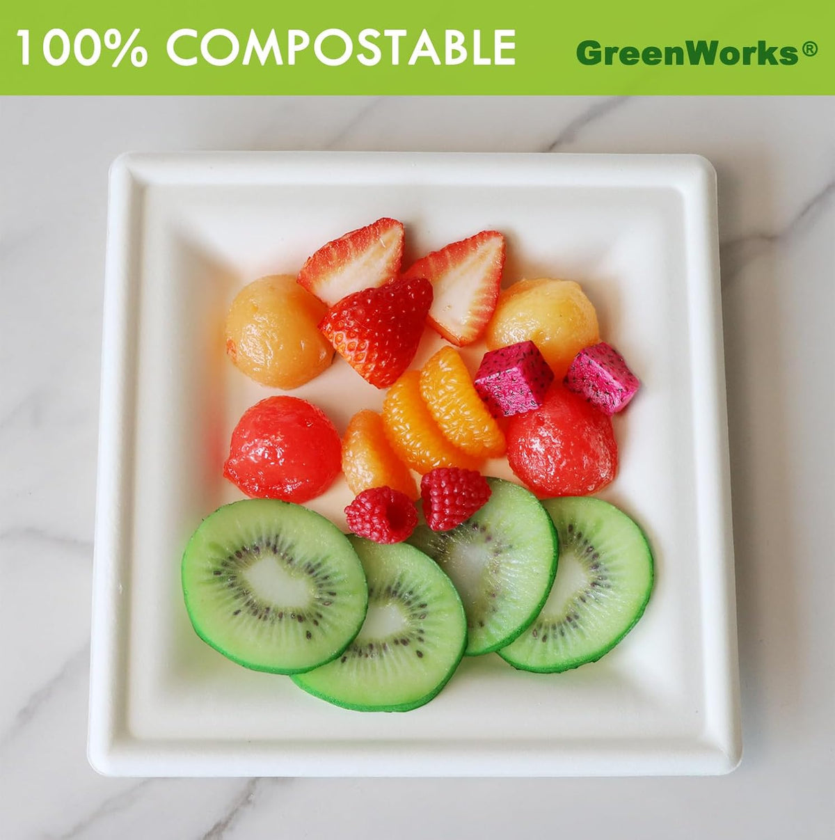 GreenWorks 100 Count 8 Inch Square Compostable Plates, Heavy Duty Bagasse and Bamboo Fiber Disposable Paper Plates