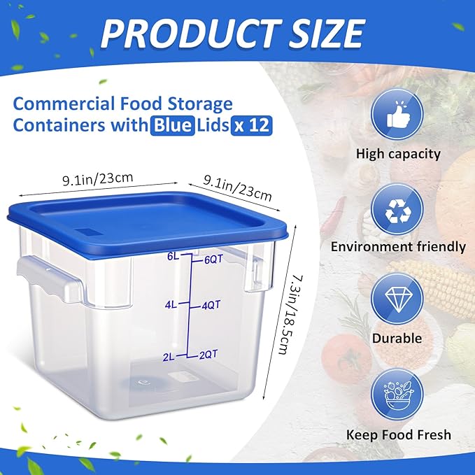 Yungyan 12 Pcs 6 Qt Commercial Food Storage Containers with blue Lids Restaurant Square Airtight Food Storage Containers Clear Cereal Container for Kitchen Freezer Dishwasher Pantry