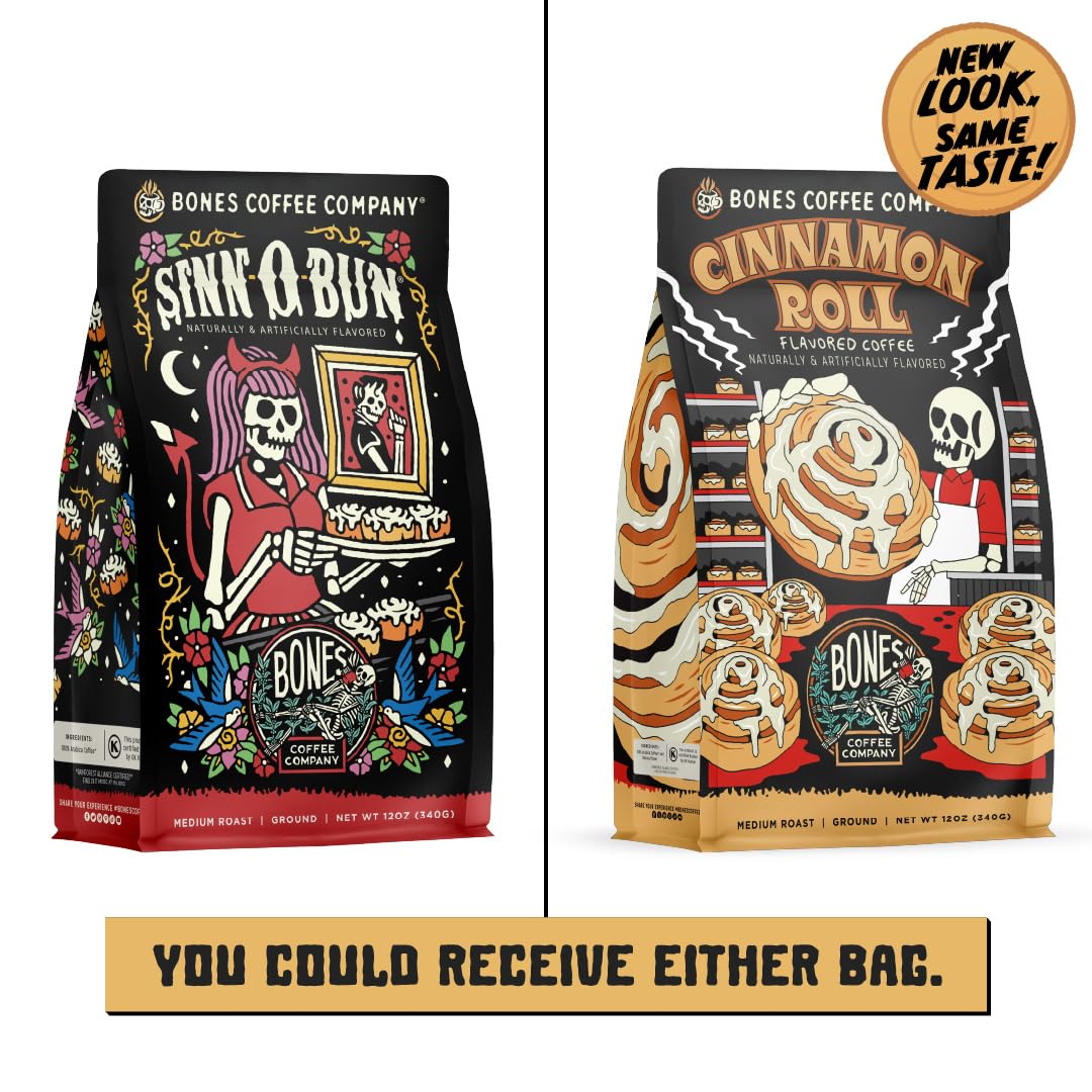 Bones Coffee Company Cinnamon Roll Flavored Coffee, Medium Roast Low Acid Arabica Beans Compatible with Auto drip and French Press Coffee Maker, 12 Oz Ground