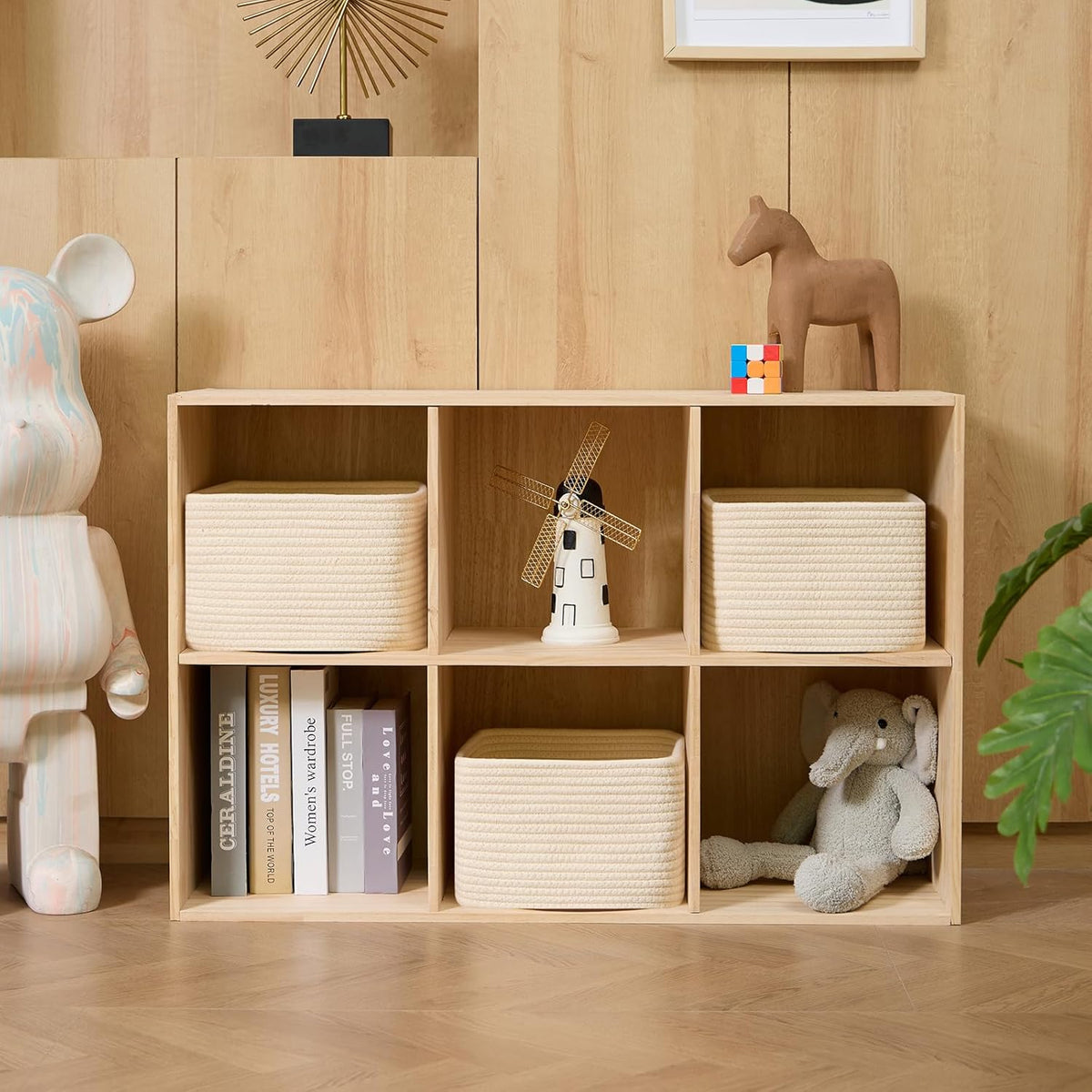 Small Organizing Baskets for Cubes Shelf, 9.7x9.7x7.1 Inch Rope Woven Storage Bins for Nursery Shelves Storage, Cute Toy Basket, Square 3 Packs Beige
