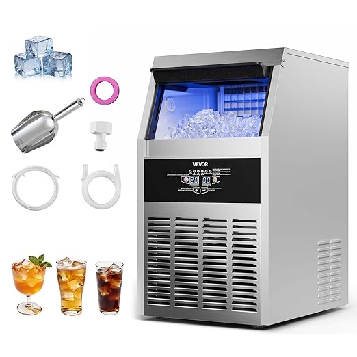 VEVOR Commercial Ice Maker Machine, 130 lbs/24h with 30 lbs Storage Capacity, Built-in/Freestanding/Under Counter, Stainless Steel Ice Maker with LED Display & Self-Cleaning, for Home Bar Restaurant