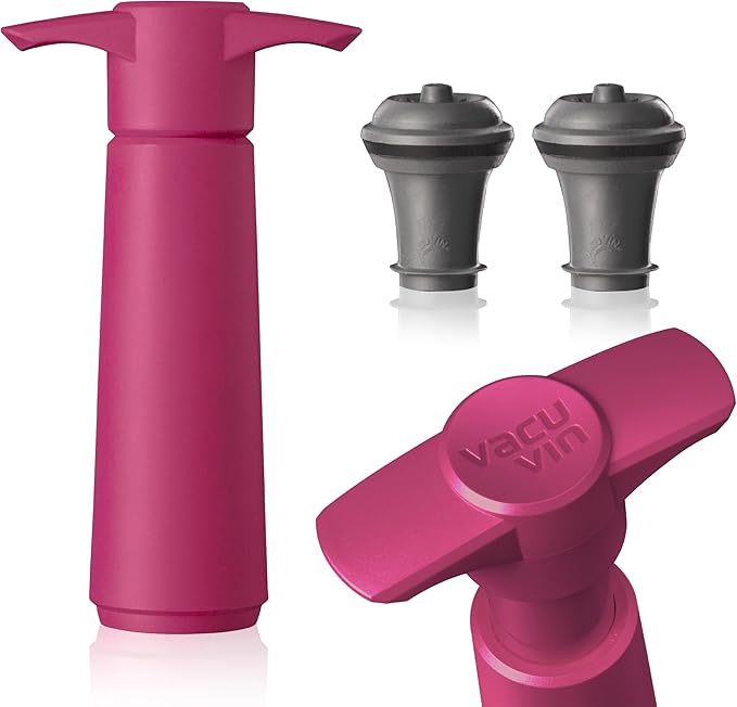 Vacu Vin Wine Saver Pump Pink with Vacuum Wine Stopper - Keep Your Wine Fresh for up to 10 Days - 1 Pump 2 Stoppers - Reusable - Made in the Netherlands