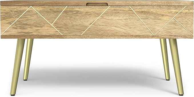 SIMPLIHOME Jager Lift Top Coffee Table - 36 inch Wide Solid Mango Wood Contemporary Modern Cocktail Table in Natural, Stylish Living Room Table with Hidden Storage, Brass Inlay, and Gold Metal Legs