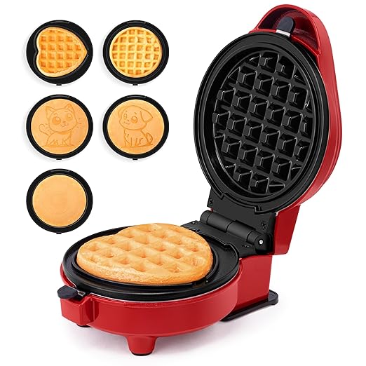 Holstein Housewares 5-in-1 Mini Waffle and Griddle Maker – 4-Inch Personal Appliance with 7 Removable Non-Stick Plates, Makes Puppy, Kitty, Heart-Shaped Waffles, Pancakes, Eggs & More