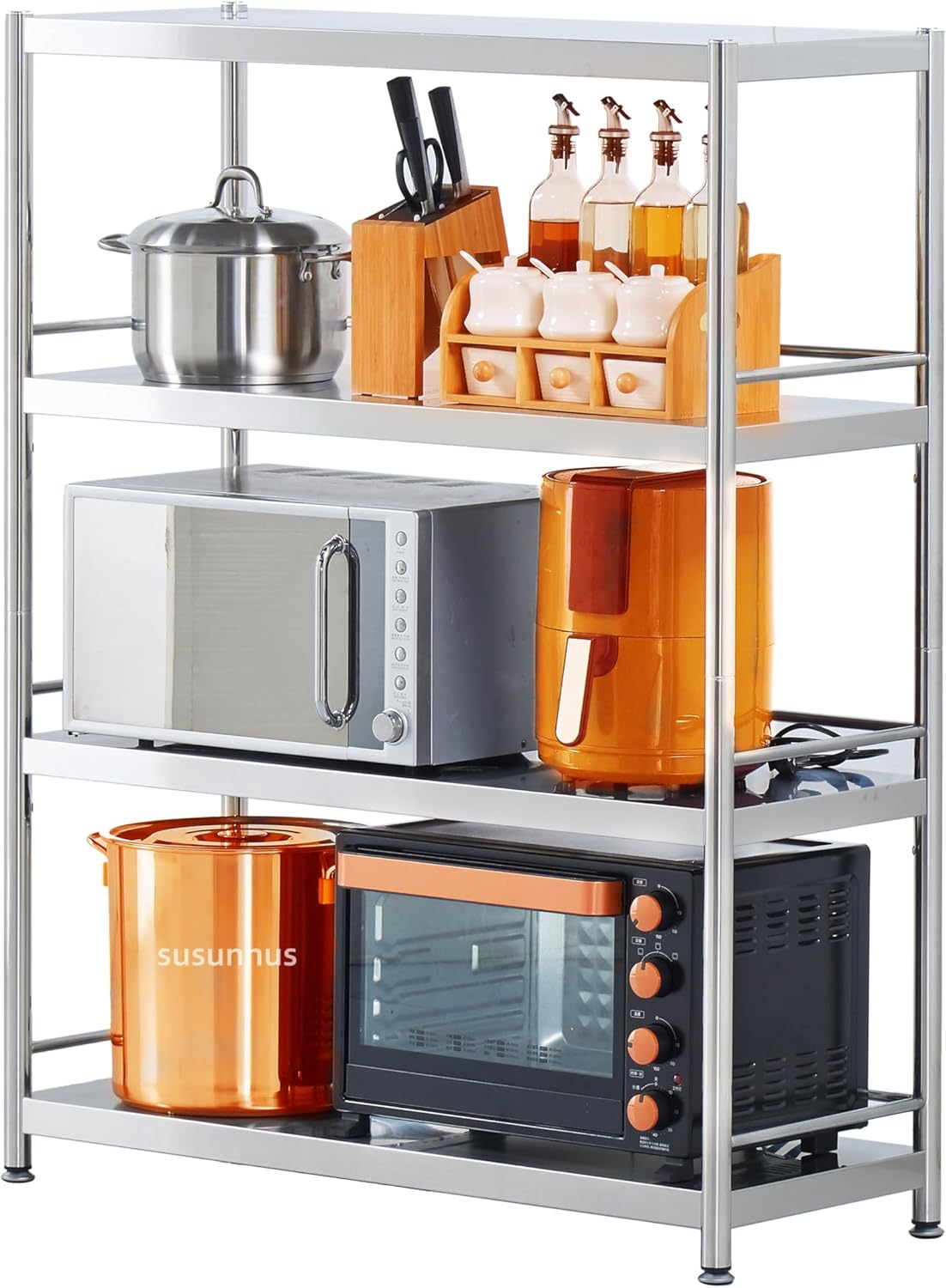 susunnus Stainless Steel Shelves 4 Tier Storage Shelves for Kitchen Garage Shelves Heavy Duty Shelving Metal Shelving Units and Storage Kitchen Industrial Storage Rack(with Guardrails)