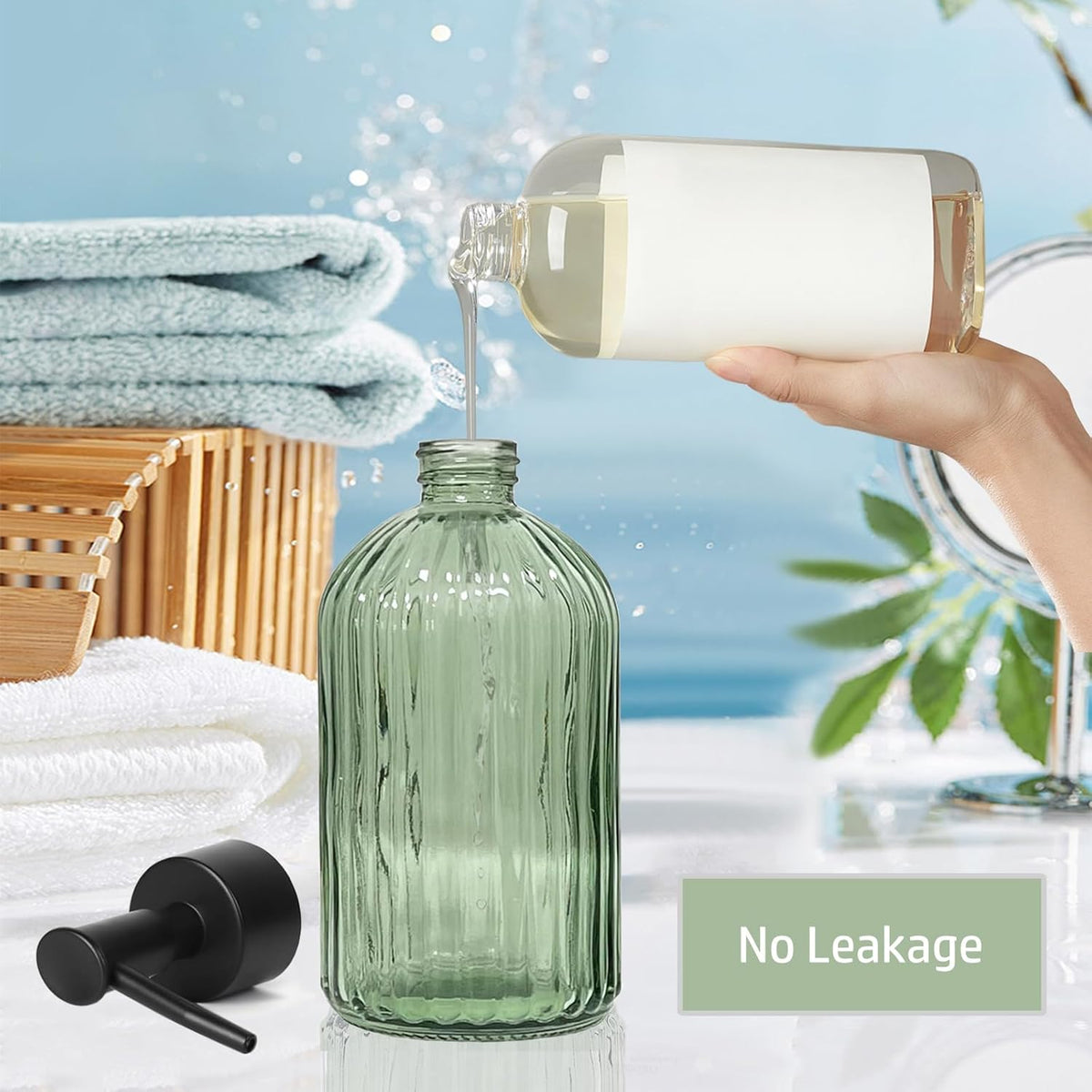 14 Oz Black Pump Glass Soap Dispenser, Green Stripe Countertop Refillable Liquid Bottle Hand Dish Lotion Dispenser with Plastic Pump, for Kitchen, Bathroom