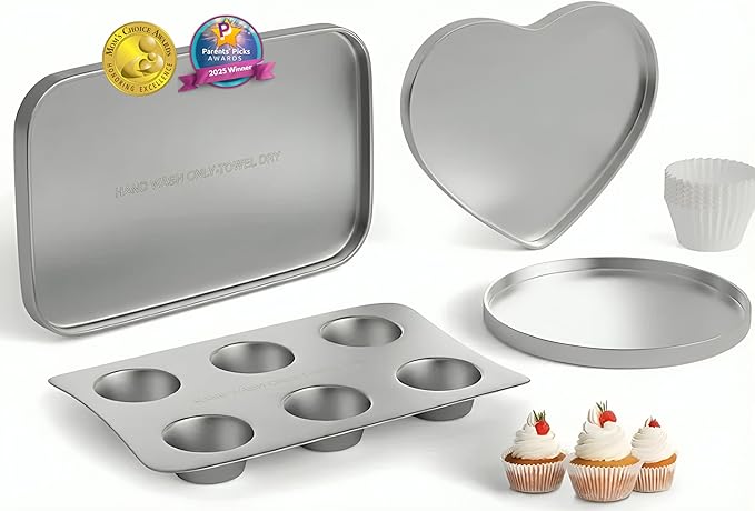 Doll Buddies Kids’ Complete Oven Pan Set for Easy Bake Ultimate Oven | 75 Cupcake Liners (15 More Than Others) | Cupcake, Circle, Heart & Rectangular Bake Pans | Gift Accessories for Easy Bake Mixes