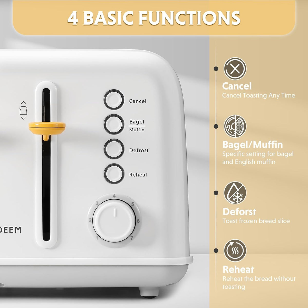 BUYDEEM DT640 4-Slice Toaster, Extra Wide Slots, Stainless Steel with High Lift Lever, Bagel and Muffin Function, Removal Crumb Tray, 7-Shade Settings, Arctic White