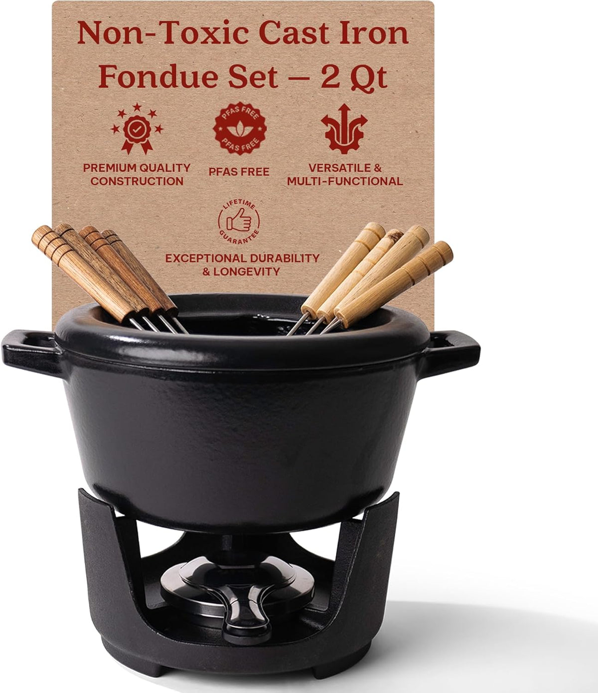 Alva Nori Cast Iron 2-Qt Fondue Pot Set – Made With No PTFE/PFOA/PFAS, Oven Safe – Works on Induction – 3-Layer Enamel, Easy to Clean, No Seasoning Needed – Includes 8 Forks, Burner & Stand