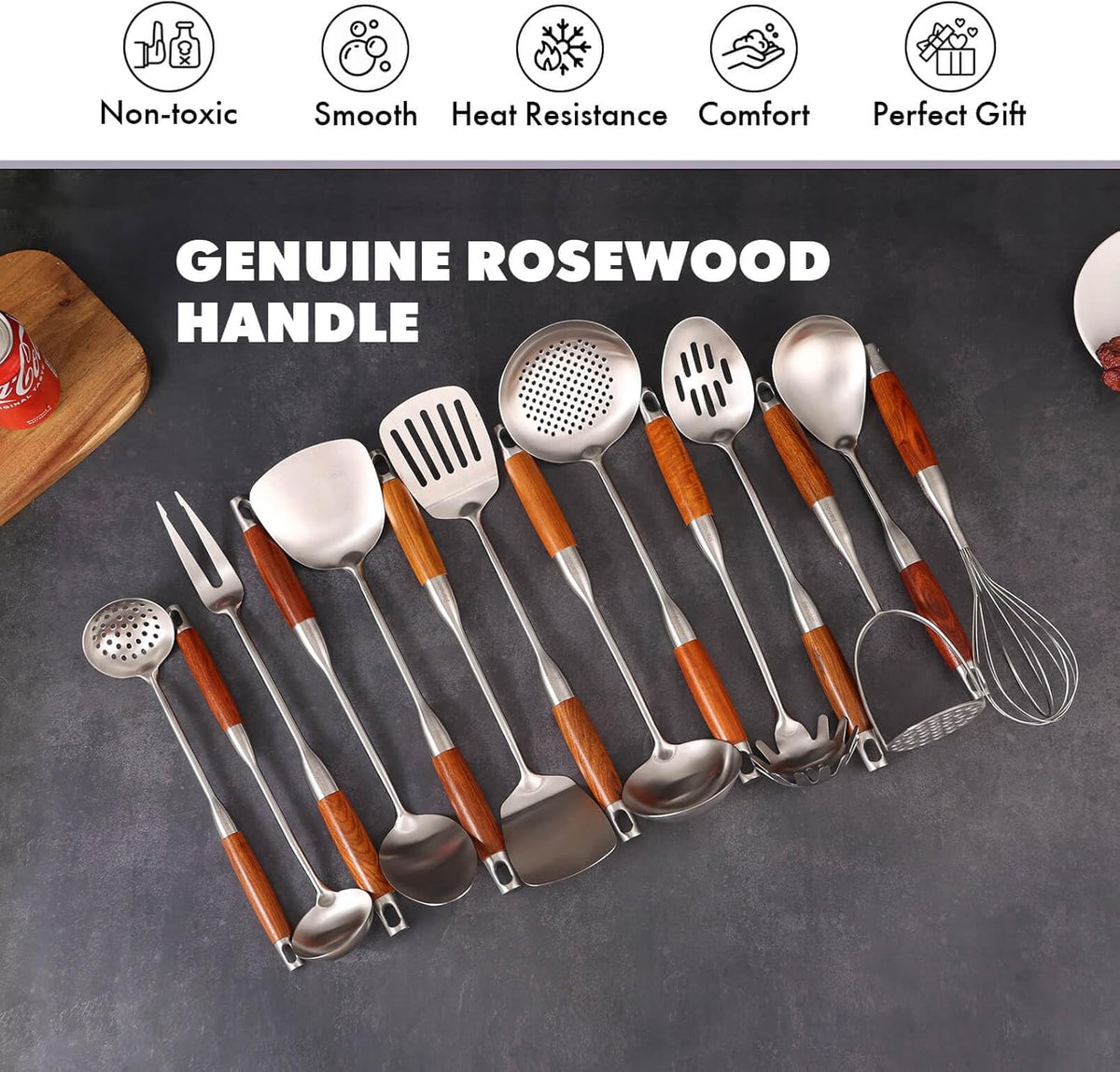 18/10 Stainless Steel Kitchen Utensils Set with Wooden Handle - 14 PCS Metal Cooking Tools & Serving Utensil, Large and Small Spoons Set - Whisk, Masher, Fork, Spatula, Turner, Ladle, Skimmer, Pasta