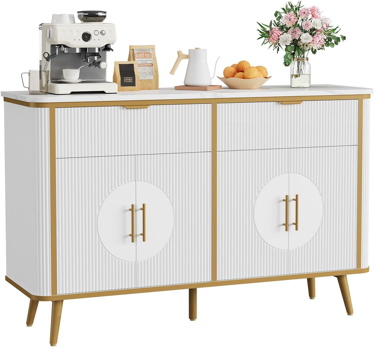 47.2" Buffet Storage Cabinet, Modern Fluted Coffee Bar Station with 2 Drawers & Adjustable Shelves, Kitchen Sideboard Buffet for Dining Room, Living Room, Hallway, White