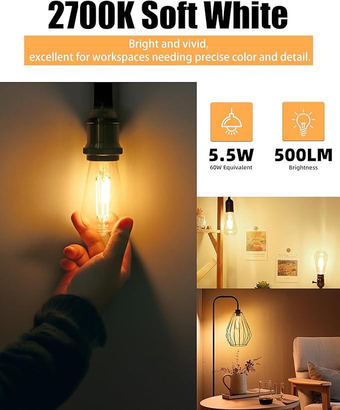Lumiverse Edison Bulbs 60W Equivalent, Dimmable LED Light Bulbs, CRI 90+, Vintage E26 Lightbulbs, 2700K Warm White, ST19 ST58, 5.5W, Antique Clear Glass, 6 Pack