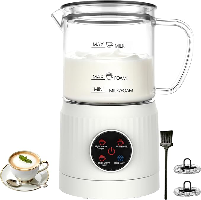 Casimhu 4-in-1 Milk Frother, Electric Milk Frother and Steamer with LED Touch Screen, Ceramic Lining Bottom, Milk Warmer 13.52oz for Lattes, Cappuccinos, and Macchiatos at Home, White