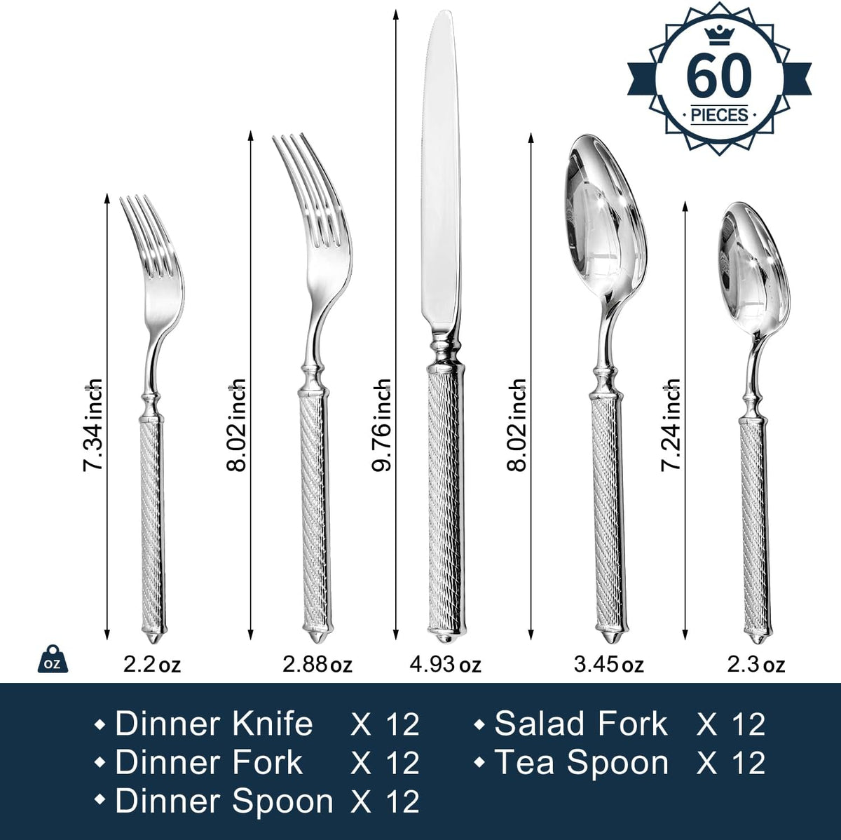 KINGSTONE Retro Rope-Pattern Silverware Set, 60-Piece Flatware Set Cutlery Set Forged with Handcrafted Texture Handles 18/10 Stainless Steel, Dishwasher Safe