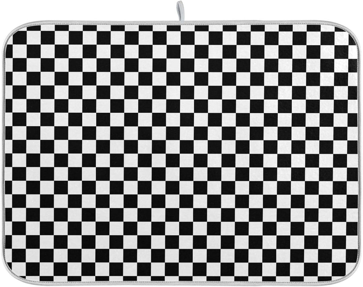 Black White Checkered Pattern Dish Drying Mat for Kitchen Counter Absorbent Microfiber Drying Pad, Large 18x24 in, Reversible Drainer Mats