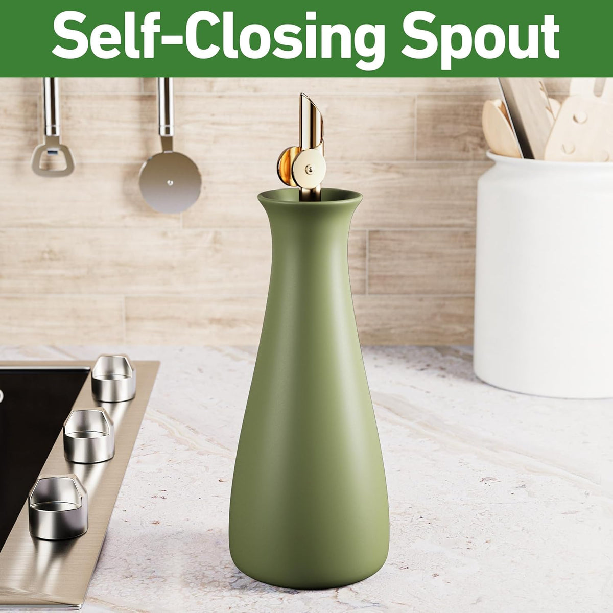 Ceramic Olive Oil Dispenser with Self-Closing Gold Spout - 530 ML Capacity Matte Green Ceramic Oil Dispenser for Kitchen - Leak Proof EVOO Dispensing Bottle - Stylish, Ergonomic, Durable, Easy Pour