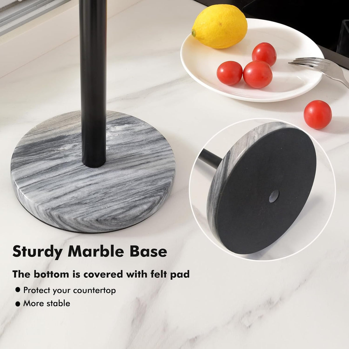 Black Paper Towel Holder Countertop with Heavy Marble Base, Standing Paper Towel Roll Holder for Kitchen Bathroom, with Weighted Base for One-Handed Operation
