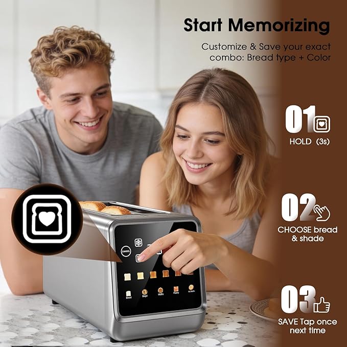 Toaster 4 Slice Long Slot with Digital Touchscreen & 1-Touch Memory for Family | Stainless Steel for Bagels & Artisan Bread | Defrost Reheat & Single-Slice Modes