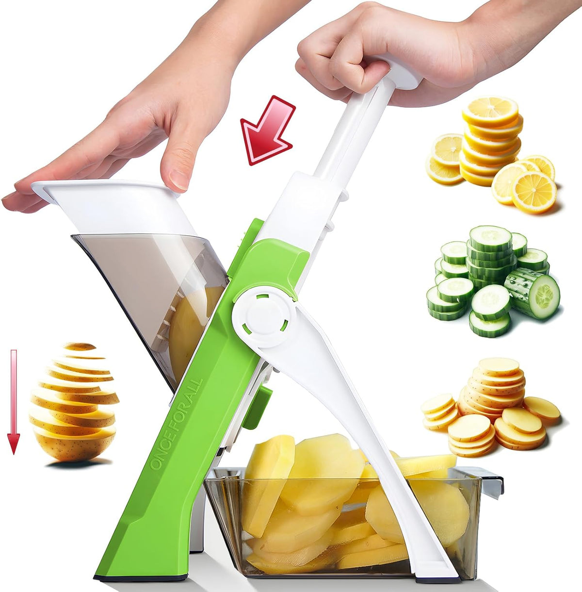 ONCE FOR ALL Safe Mandoline Slicer For Kitchen, Professional Vegetable Slicer For Food Potato Slices, Thickness Adjustable 0.1-8 mm Kitchen Artifact Fast Meal Prep (Green)