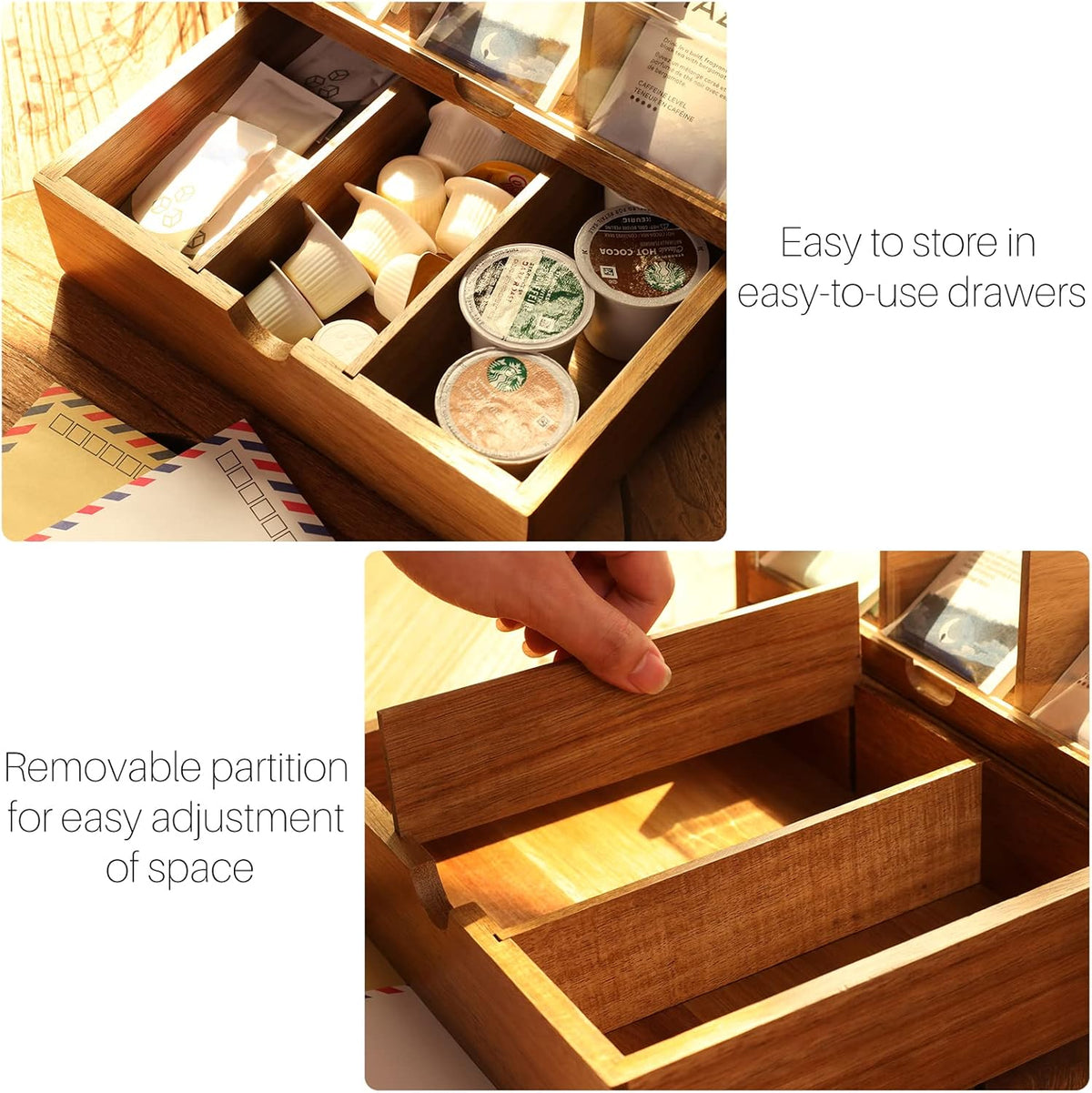 Large Tea Organizer 2 Tier with Drawer by HTB, Tea Bag Organizer with Acrylic Transparent Hinged Lid, 9 Compartments Wooden Tea Bag Holder for Home, Office, Tea Parties