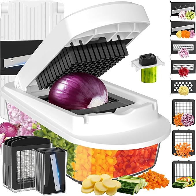 8 Blade All-in-1 Vegetable Chopper Mandoline Slicer with Container, Food Chopper, Onion Chopper, Veggie Cutter for Salad, Kitchen Gadgets Accessories Essentials, White