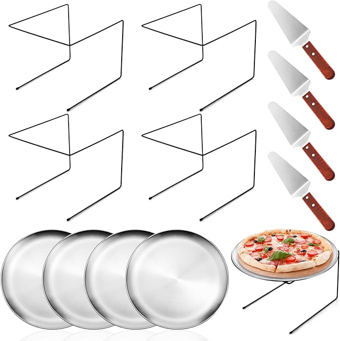 12 Pcs Pizza Stand Set: 4 Metal Stands, 4 Pizza Pans, 4 Spatulas for Weddings, Party(Silver,Classic)