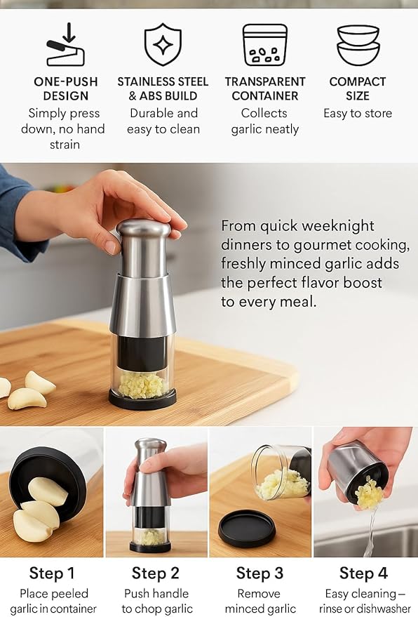 Stainless Steel Garlic Press Mincer with Comfortable Grip, Built-in Spring, 6.3 Inch Height, Clear Collection Cup