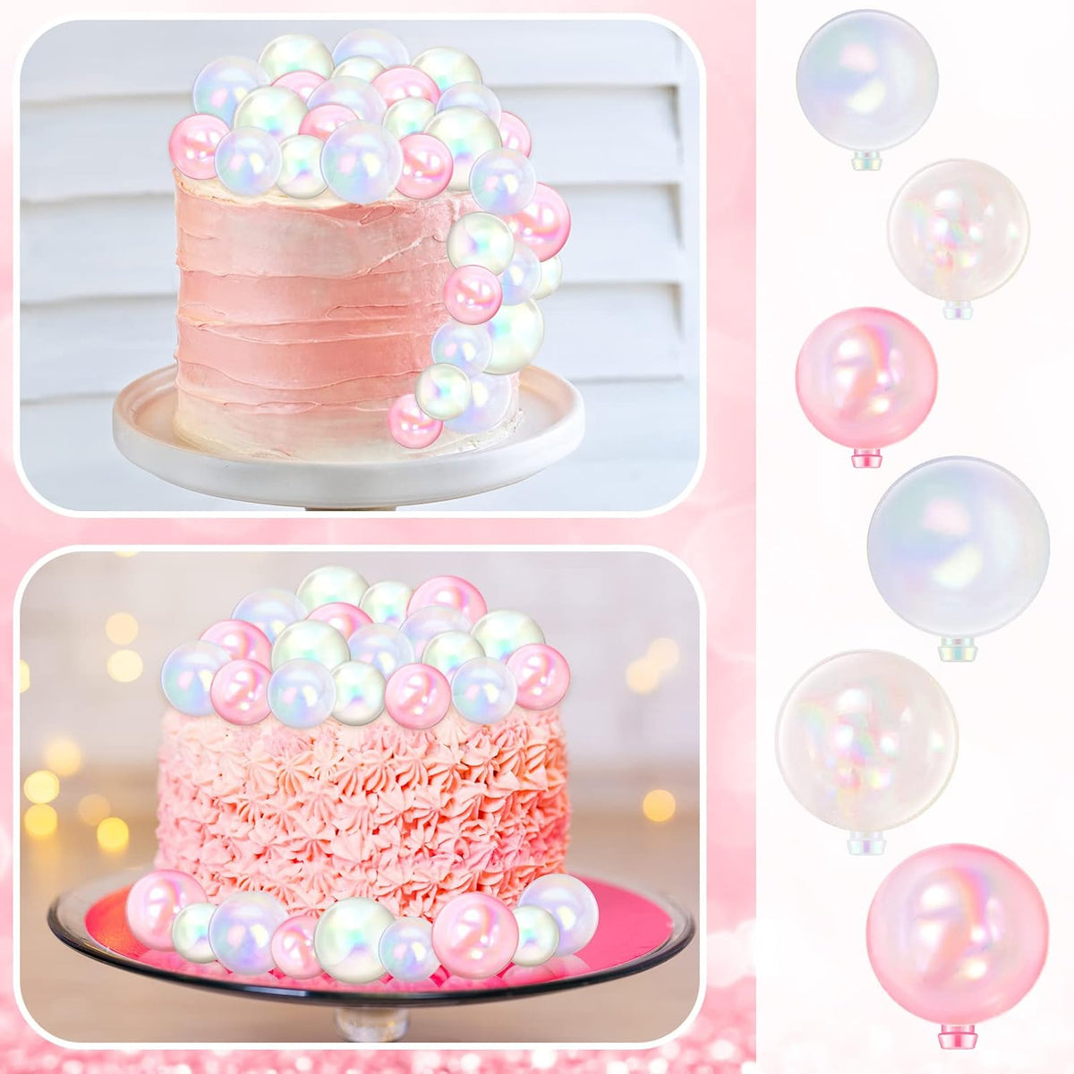 108 Pcs Balls Cake Topper DIY Cupcake Insert Foam Balloons for Cake Baking Wedding Anniversary Birthday Decoration(Pink, Clear, White,1.57'', 1.18'')