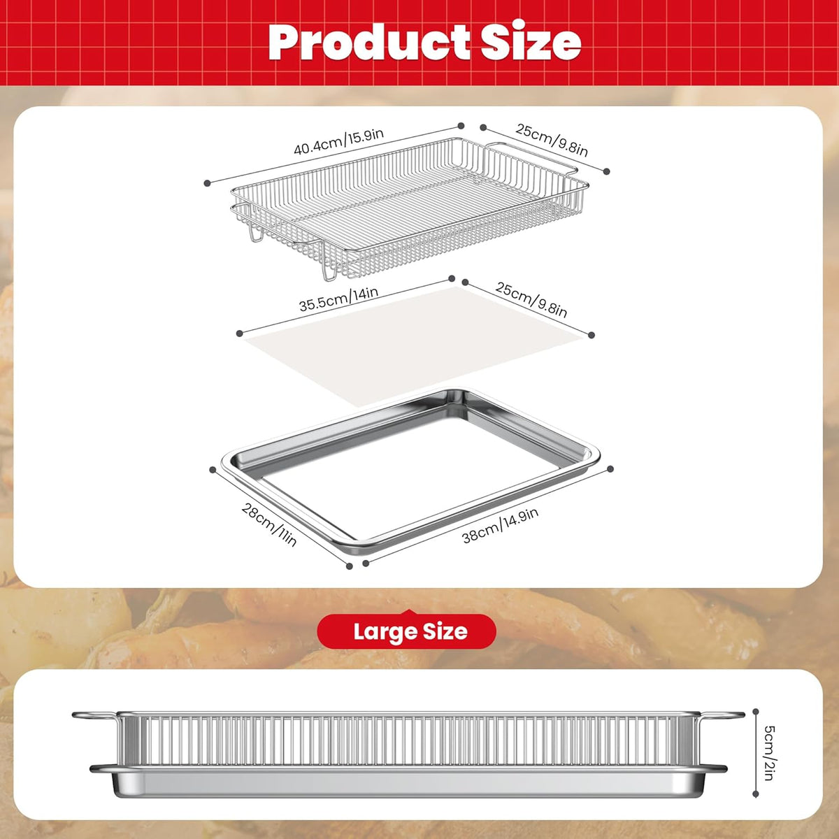 Air Fryer Basket for Oven,Ease Of Cleaning,Air Fryer Basket and Stainless Steel Baking Tray Pant Oven with 50 Sheets Parchment Papers,Air Fryer Pan Rack for Cooking Baking Dishwasher (1 Set L)