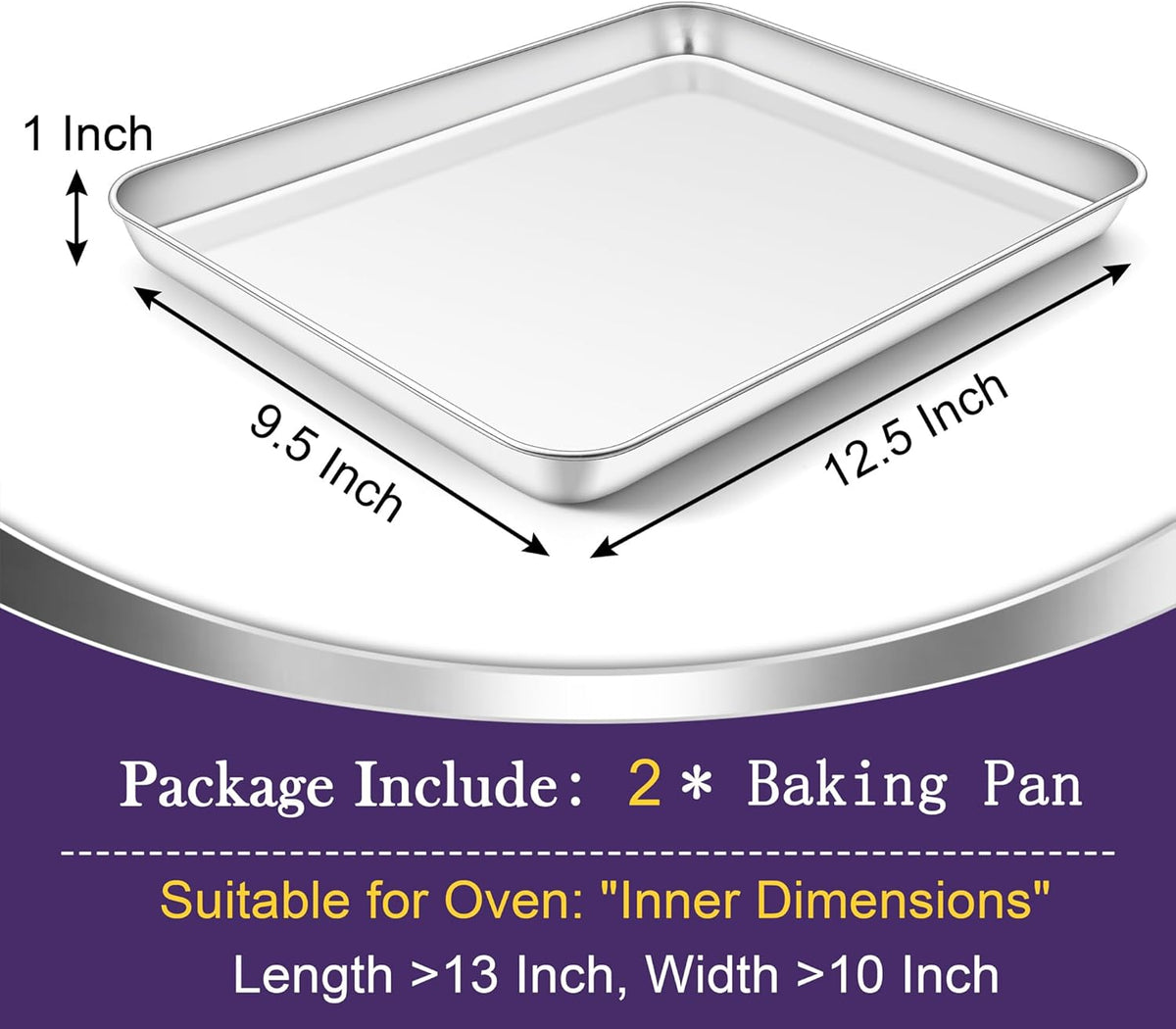 TeamFar Toaster Oven Pan Set of 2, Stainless Steel Toaster Oven Baking Tray Ovenware, 12.5’’x 9.5’’x1’’, Non Toxic & Healthy, Rust Free & Mirror Finish, Easy Clean & Dishwasher Safe