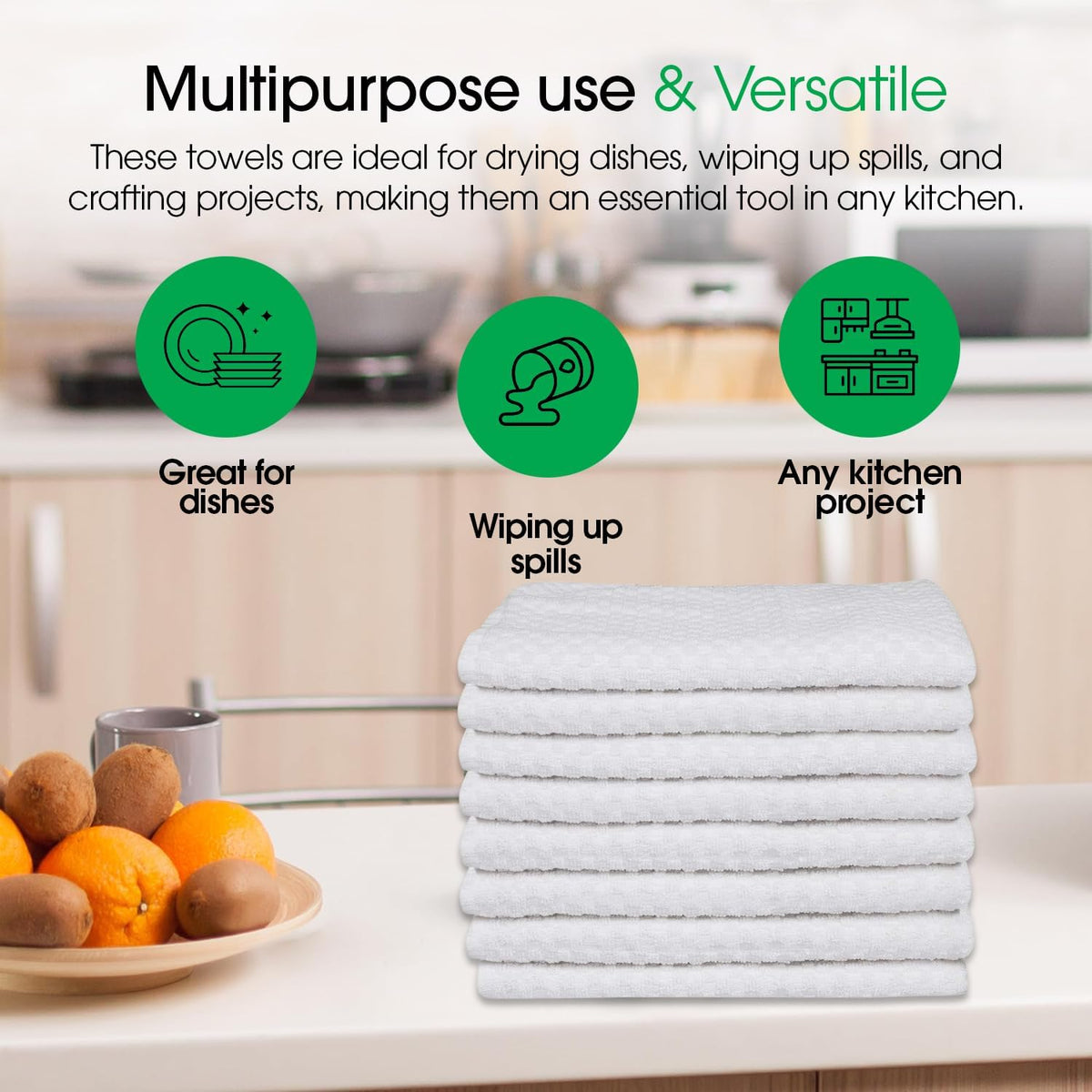 DG Collections White Kitchen Towels - 100% Cotton Terry Tea Towels for Cleaning, Drying, and Highly Absorbent Kitchen Dish Cloth for Bar Cleaning - 8 Pack - 15 x 25 Inches