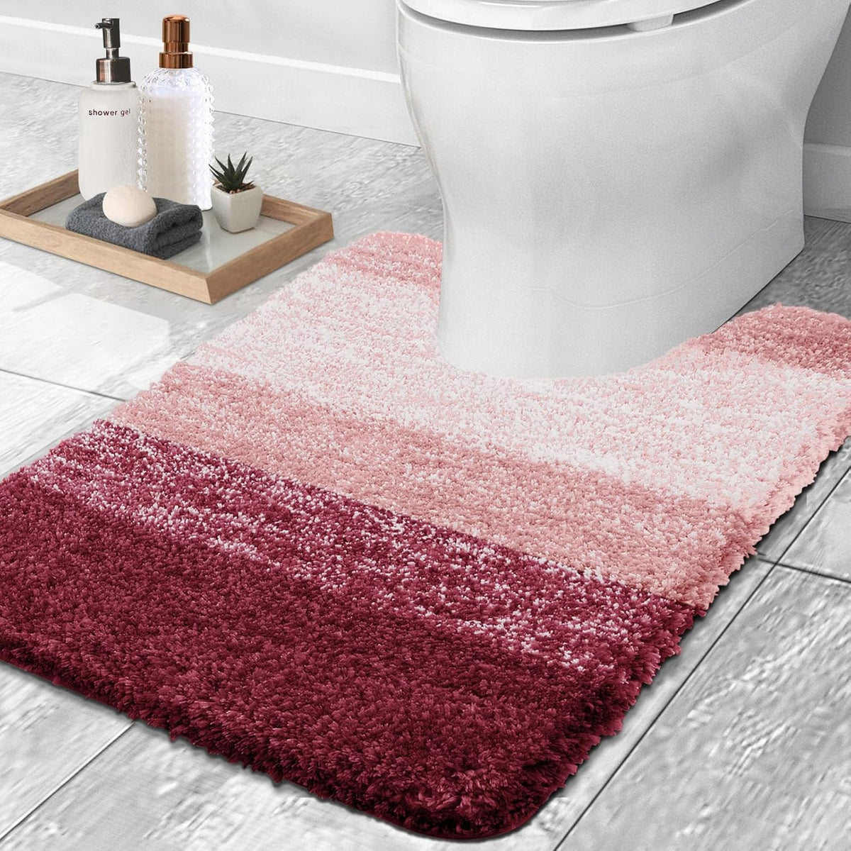 OLANLY Luxury Toilet Rugs U-Shaped 24x20, Extra Soft and Absorbent Microfiber Bathroom Rugs, Non-Slip Plush Shaggy Bath Mat, Machine Wash Dry, Contour Bathroom Mats for Toilet Base, Red