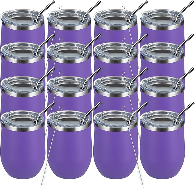 MEWAY 12oz Wine Tumbler 16 Pack Bulk Gifts for Women,Double Wall Vacuum Stainless Steel Travel Mug with Lid,Insulated Stemless Wine Cup Glass for Coffee,Cocktails,Drinks(Purple,Set of 16)