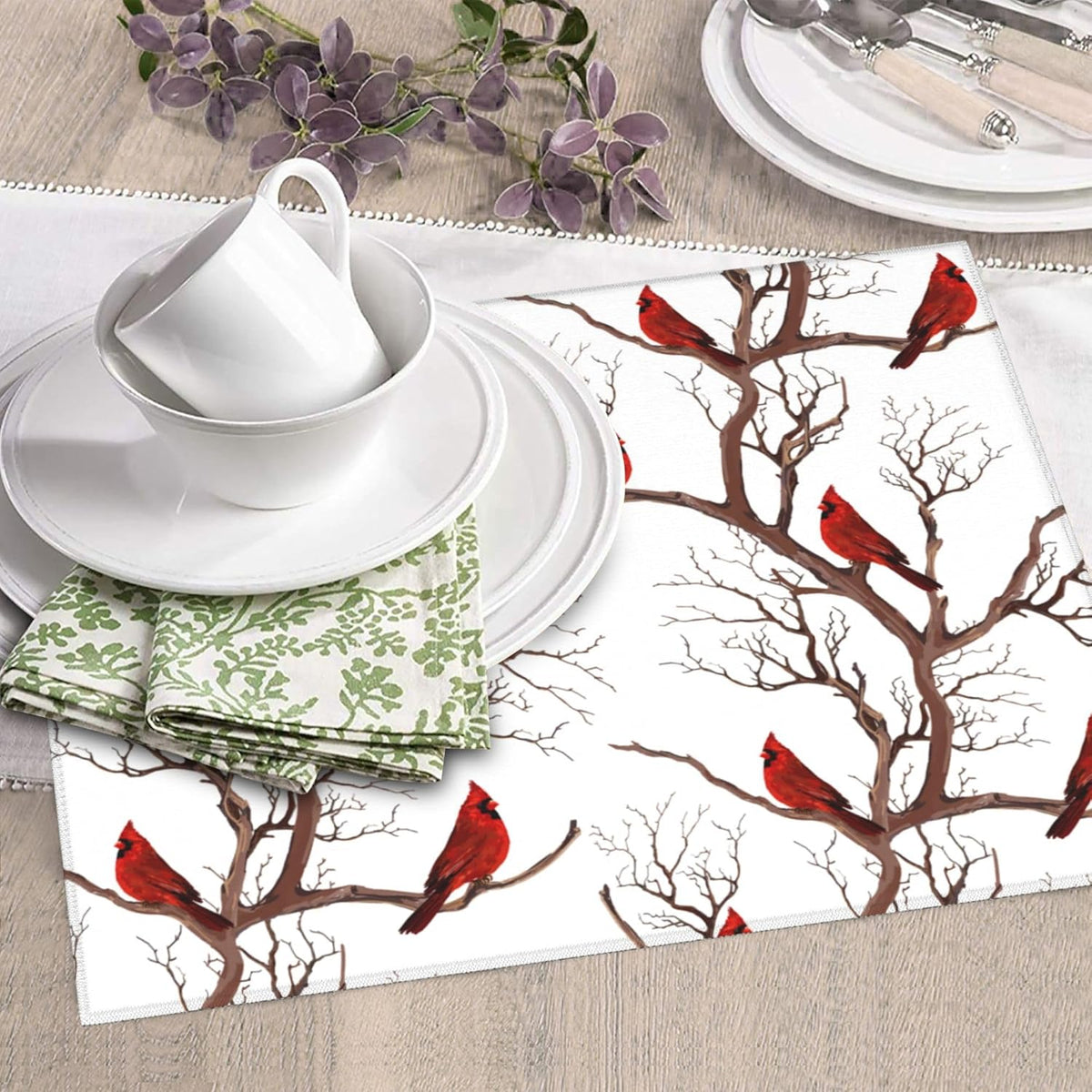 Winter Cardinal Birds Dish Drying Mat for Kitchen Counter Washable Absorbent Drying Mat Reversible Microfiber Drying Pad Home Holiday Decor Kitchen Accessories 16"x18"