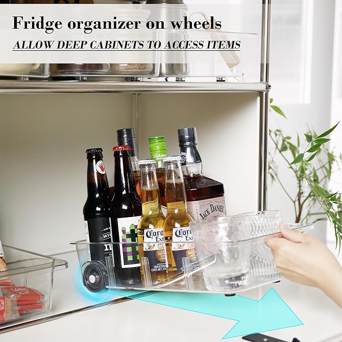 Fridge Organizer Bins With Wheels, 2 Pack Roll Out Refrigerator Organizers And Storage Refrigerator Drawer With Dividers, Upgrade Thick Plastic Pantry Storage Bins, Kitchen Organization