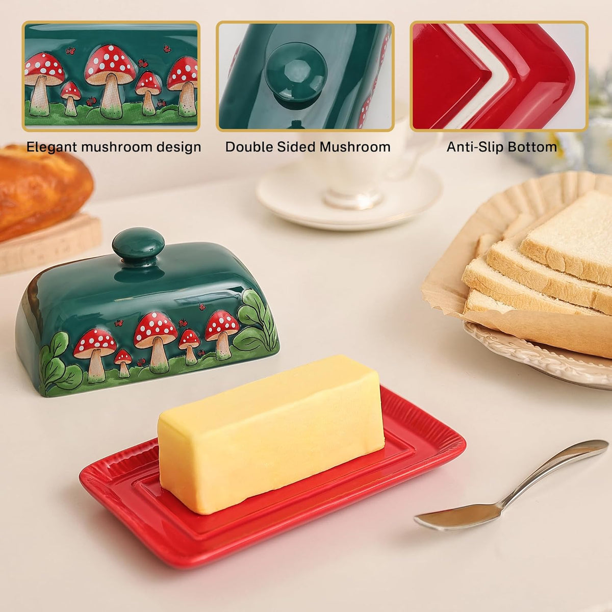 Fungi Fun Mushroom Butter Dish With Lid – Cute Cottagecore Ceramic Storage Container, Vintage French Covered Tray, Boho Farmhouse Kitchen Decor Gift, Unique Countertop Holder (Dark Green, Standard)