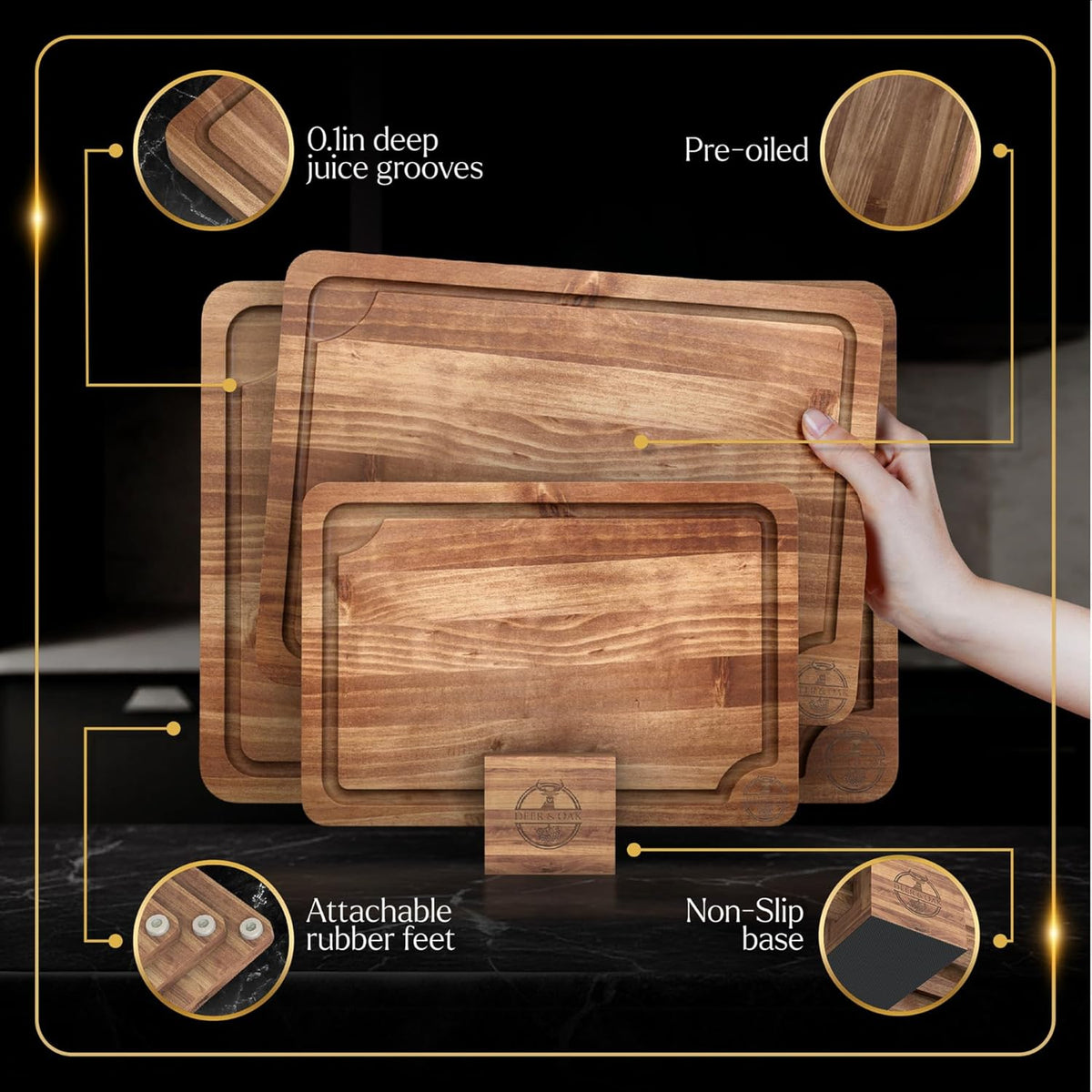 Pre-Oiled, Non Toxic 3-Piece Acacia Cutting Board Set with Stand, FSC Certified Wooden Chopping Boards with Juice Grooves for Meat. 3 Size Wood Carving Boards for Home & BBQ Kitchens by Deer & Oak
