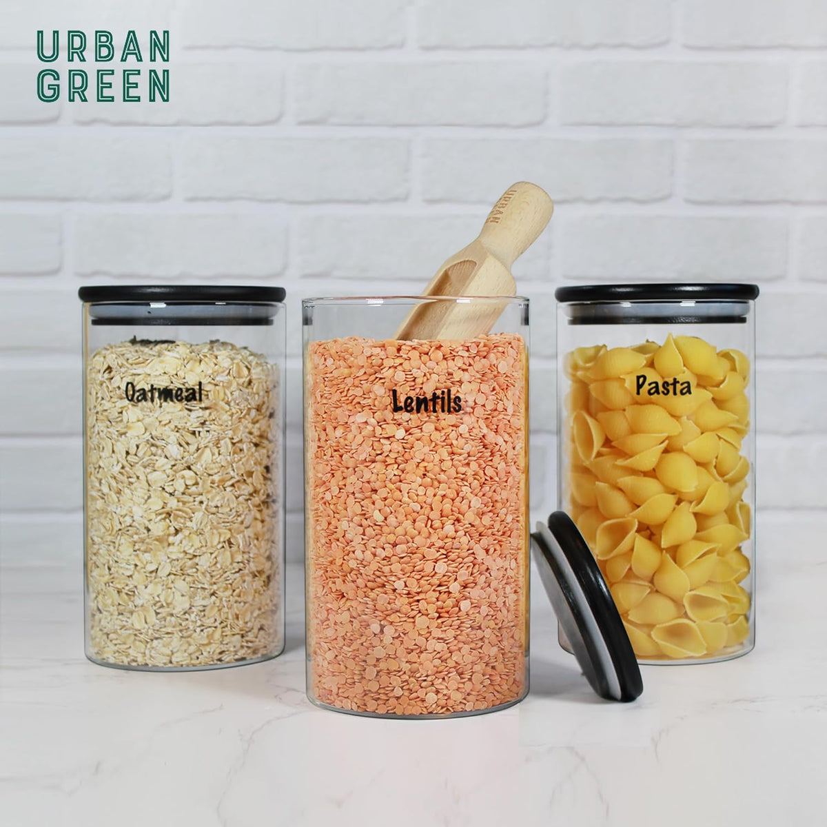Urban Green Glass Jars with Black Lids, Glass food storage container sets with black lids, Airtight Canisters Sets with Bamboo Lids. Pantry Jar (3 Pack of 48oz)
