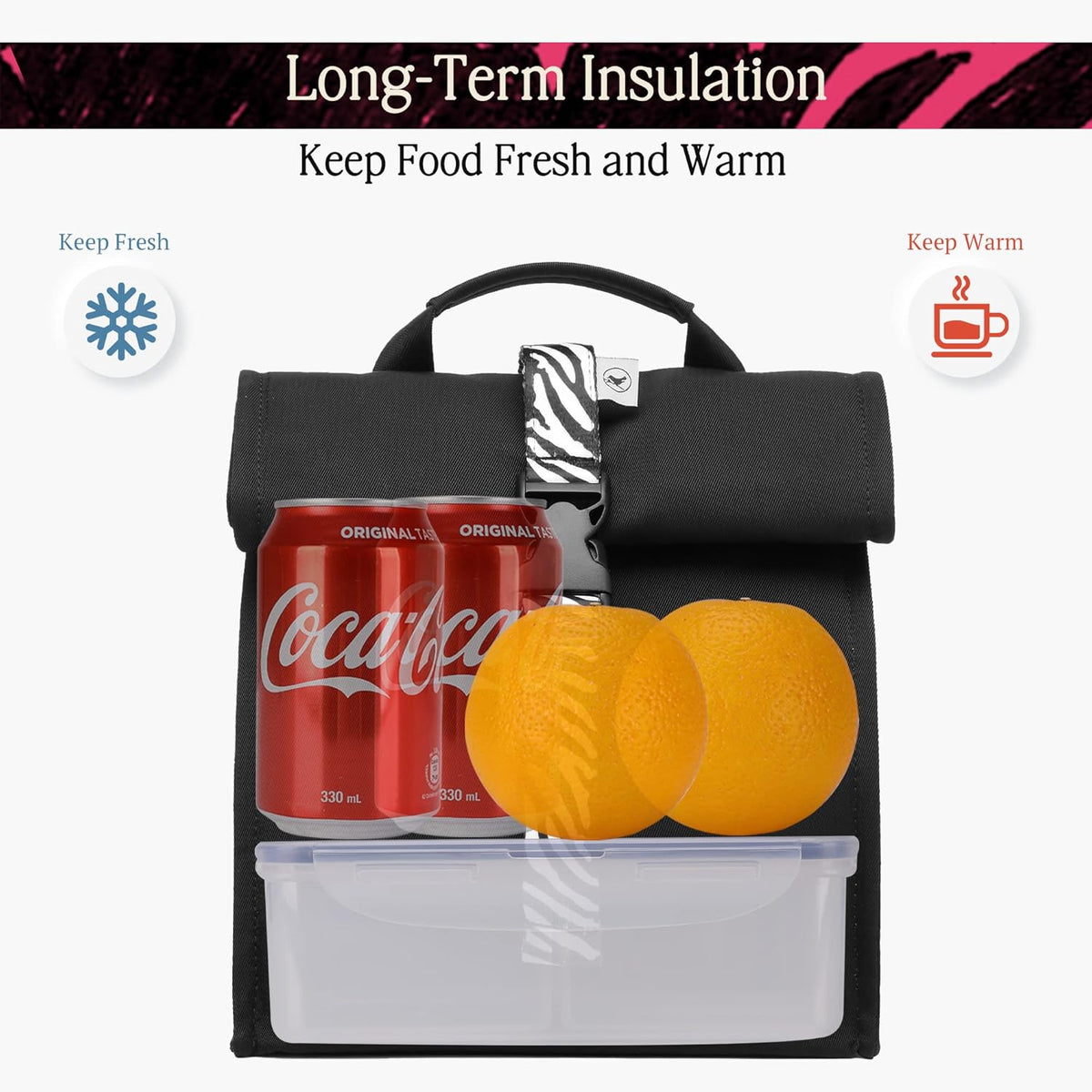 SUNNY BIRD Insulated Lunch Bag Rolltop Lunch Box Tote Bag for Women, Men, Adults and Teens (Black with white strap)