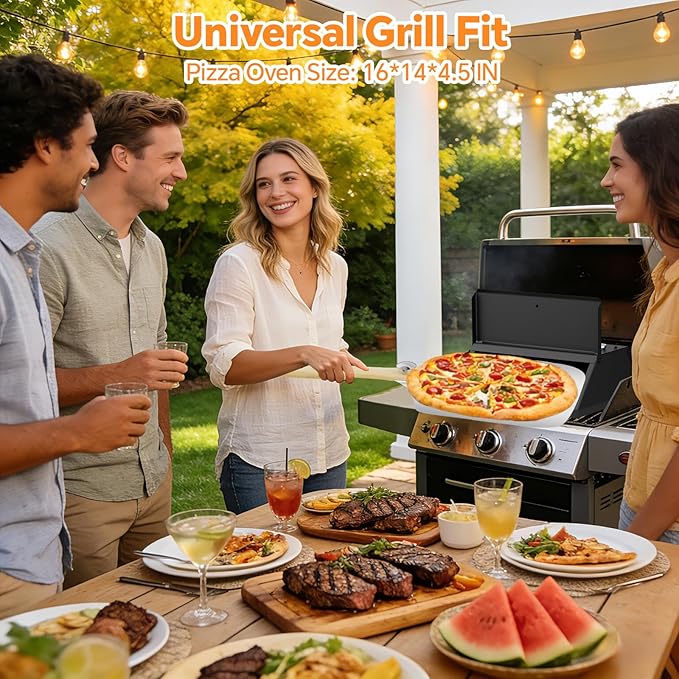 Pizza Oven for Grill, Grill Top Pizza Oven Kit with 12-inch Pizza Stone, Foldable Pizza Peel and Built-in Thermometer, Portable Outdoor Pizza Oven for Gas and Charcoal Grills