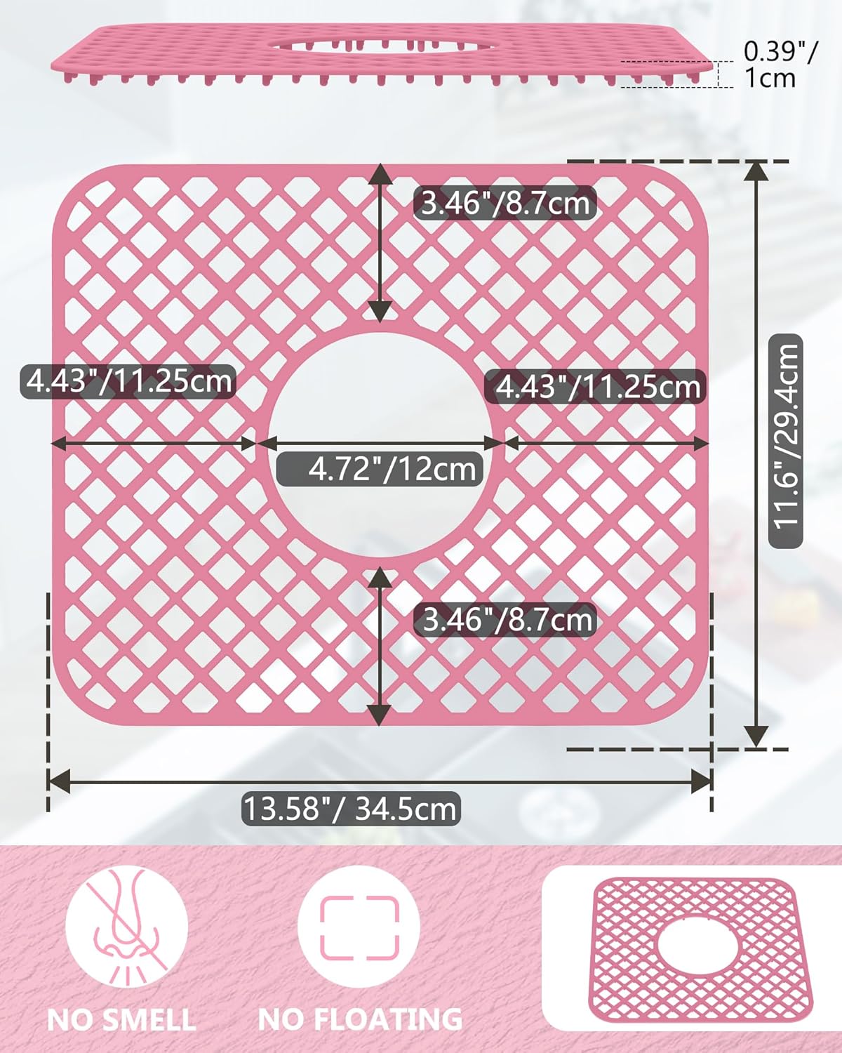 2 Pack Silicone Sink Protector for Kitchen Sink, Lozenge Pattern 13 x 11 inches Sink Grid Mat Silicone Protectors, Center Drain, Pink