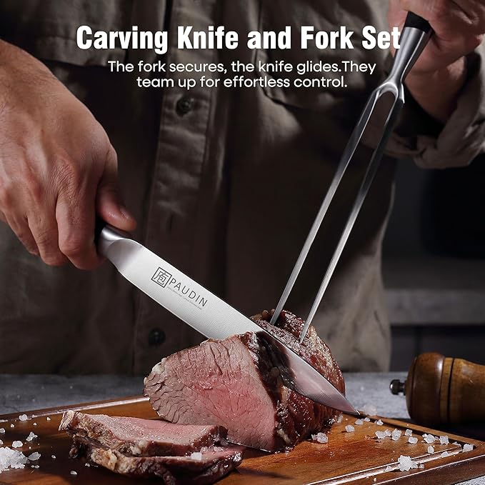 PAUDIN Carving Knife Set - 8" German Steel Turkey Carving Knife and Fork Set With Ergonomic Handle, Full Tang For Meat, Brisket