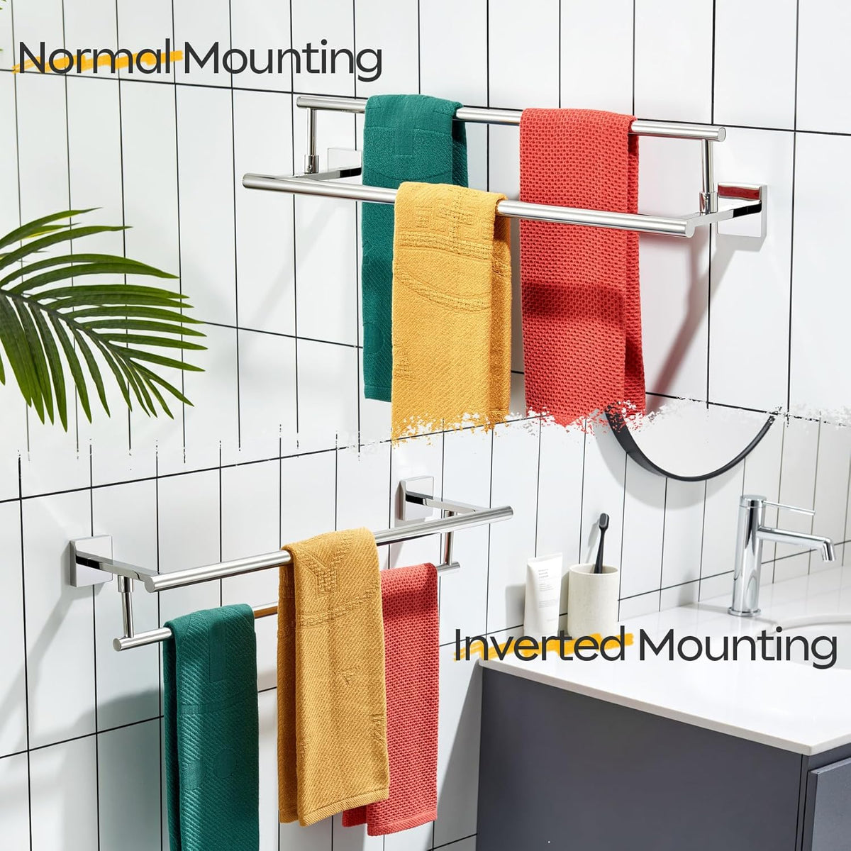 KOKOSIRI Towel Holder 24-Inch Bathroom Double Bath Towel Bars Kitchen Rack Wall Mounted Polished Chrome Stainless Steel B5009CH-L24