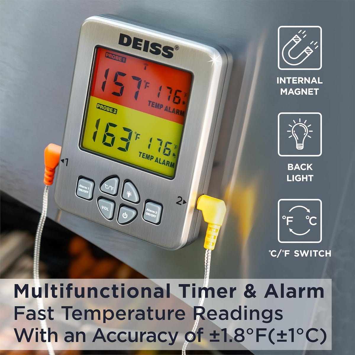 Deiss PRO Bluetooth Meat Thermometer Wireless – Digital Cooking Thermometer with 2 Probes, Oven Thermometer for Smoker Grill BBQ, Wireless Meat Thermometer for Grilling, Kitchen Food
