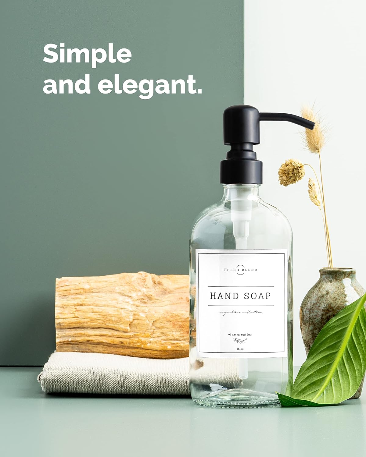 Vine Creations Clear Glass Soap Dispenser, 2 Pack Kitchen Soap Dispenser Set with Stainless Steel Pump, 16 oz Dish Soap and Hand Soap Dispensers for Bathroom with Waterproof Labels