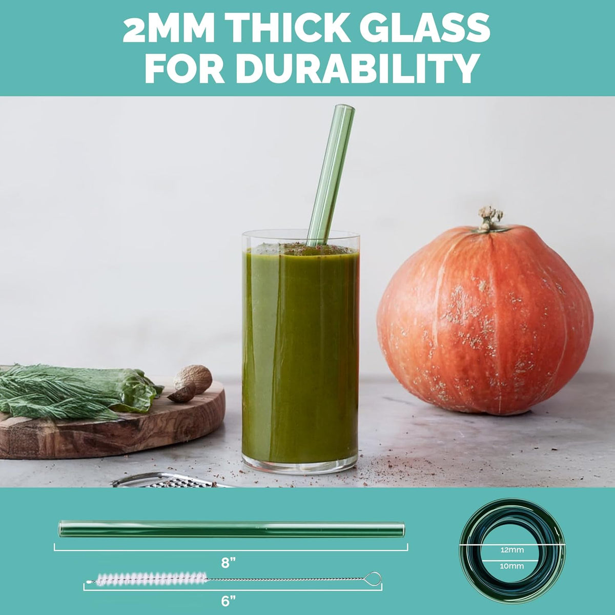 Simply Straws 8 Inch Wide Glass Straws (6-Pack) - 12mm Reusable Boba Straws for Milkshakes & Smoothies, with Cleaning Brush - Dishwasher Safe, Hot & Cold Use, BPA-Free (Seaglass)